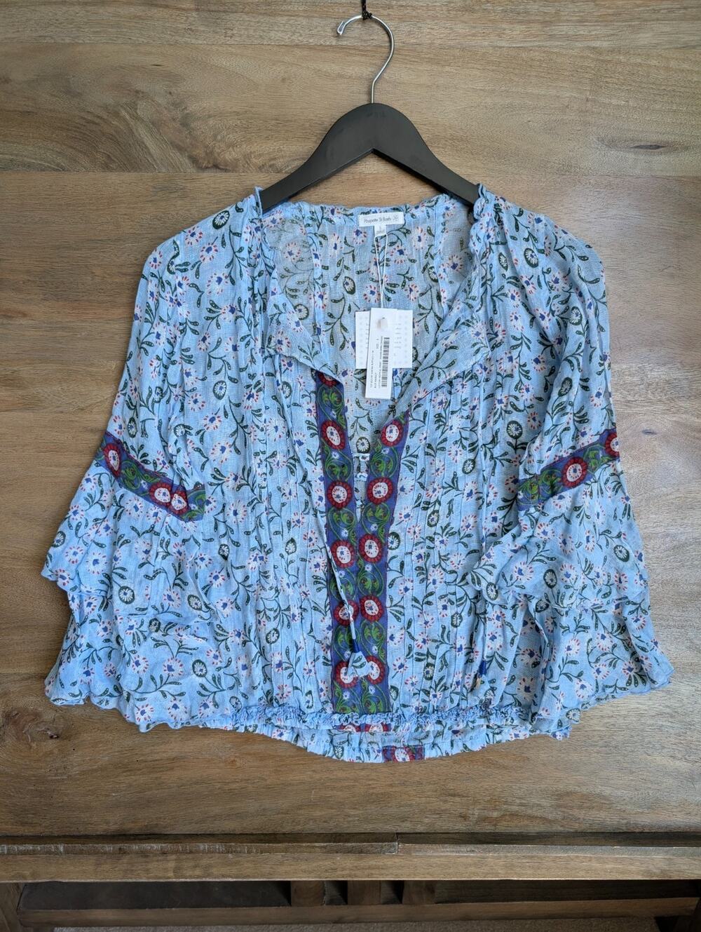 NWT Poupette St Barth Amora Ruffled Top Womens Small Blue Margot Tropical Print